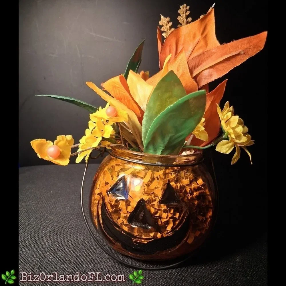 VINTAGE: Autumn Pumpkin Glass Vase with Floral Arrangement